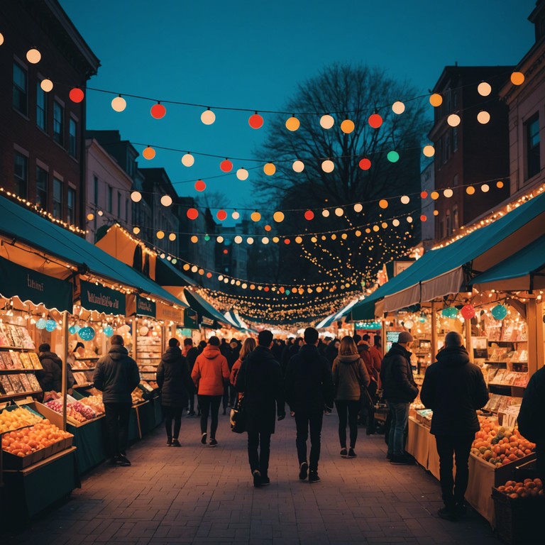 Imagine a vibrant scene at a bustling holiday market, where colorful lights blink in sync with a lively electropop tune. The music captures the essence of celebration with upbeat tempos and a playful, modern electronic sound. Perfect for setting an energetic and festive mood.