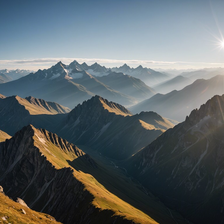 The track begins with a soft, low hum that gradually builds as strings and horns join to symbolize the rising sun over a majestic mountain range. The crescendo mirrors the sun’s climb, reaching a thrilling climax as the full landscape is bathomed in golden light.