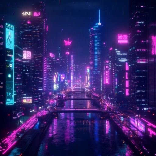 An enchanting composition merges the night city ambiance with mystical soundscapes. Chiming synths echo through urban jungles, creating a transcendent journey through neon lit streets veiled in mist, evoking a sense of wonder and otherworldliness.