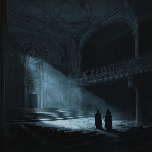 An unsettling, atmospheric opera piece featuring spectral choir voices and haunting melodies. A sinister orchestration creates an ominous atmosphere, evoking the feeling of wandering through a haunted opera house. The dynamics shift dramatically from whispered passages to powerful crescendos, enhancing the sense of dread and anticipation