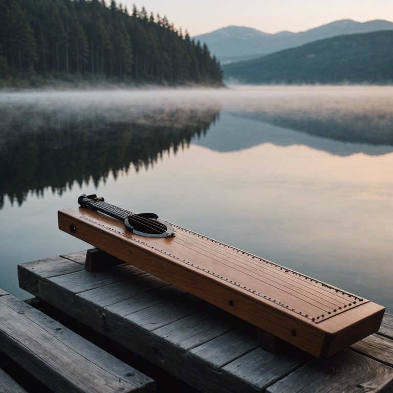 Imagine a gentle tune played on a kantele, reflecting off the quiet, mist covered lakes surrounded by dense forests, with each note resonating the calm and heartwarming spirit of suomi's natural scenery.