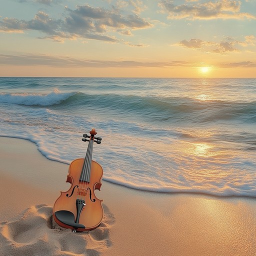 Envision a picturesque walk on a secluded beach during sunset, where the gentle waves kiss the shore, and the evening sky is painted with hues of orange and pink. The soft violin melodies encapsulate the serenity and romance of this intimate moment.