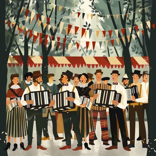 A delightful, whimsical piece brimming with the happiness of a bavarian village celebration. The spirited accordion leads, supported by lively rhythms, evoke the essence of a traditional alpine fest.