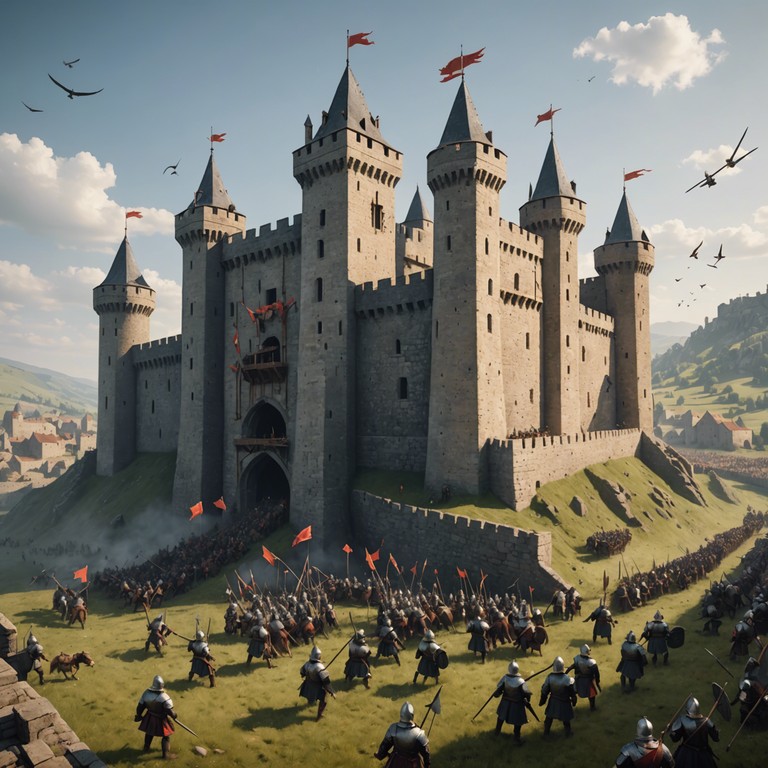 This composition blends thunderous orchestra swells with feudal imagery to create a backdrop for an imagined epic medieval battle. The soundscape is filled with trembling basses, soaring string melodies, and the booming persistence of timpani to mimic the chaos of war intertwined with moments of strategic silence to reflect planning and stealth. This epic narrative captured through an orchestral lens delivers a transportive musical experience.