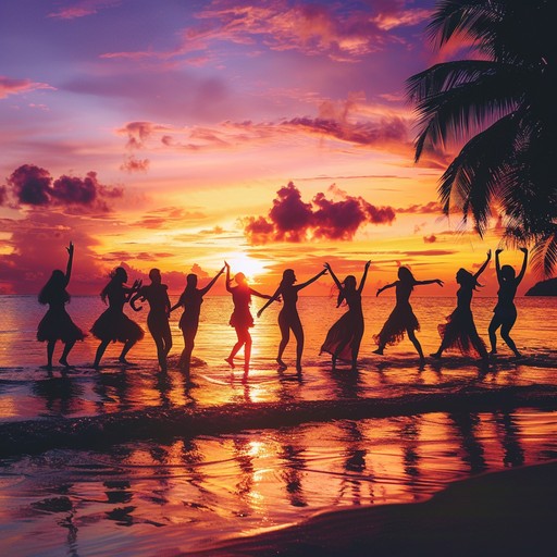 A vivacious calypso tune brimming with cheerful rhythms and sparkling melodies, depicting a lively beach dance party in the caribbean. Steel drums, maracas, and energetic beats create an irresistible festive ambiance.