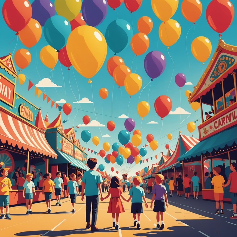 This track embodies the excitement and merriment of a bustling carnival. Picture children giggling as they whirl on carousels, adults trying out arcade games, and everyone enjoying cotton candy. This music runs with a distinctive high pitched resonant tube sound of a calliope, leading the melody, giving it that unmistakable carnival vibe.