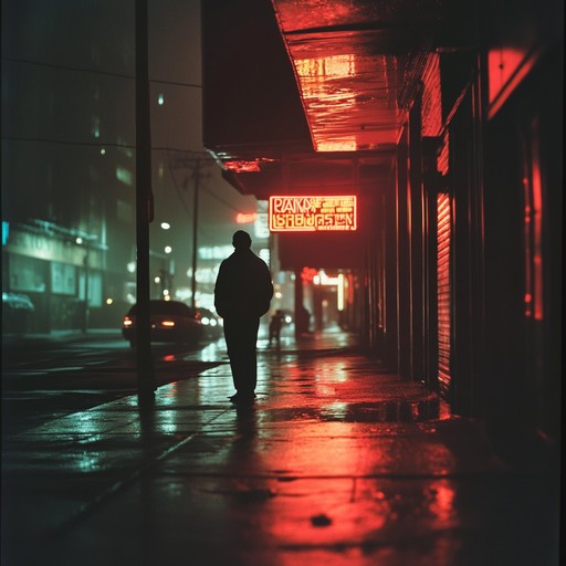 A contemplative instrumental piece blending futuristic synths with haunting melodies, capturing the introspective mood of a lone wanderer in a neon drenched metropolis