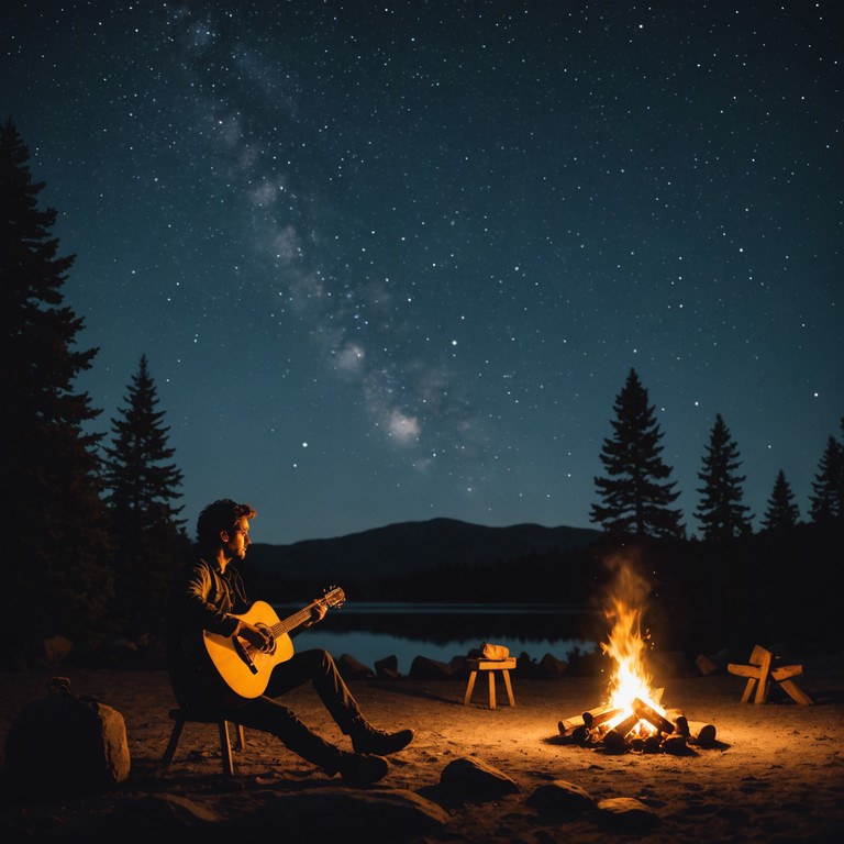 An experienced musician, sitting under the open starlit sky by the outskirts of a sleepy town, plays tunes that echo the sentiments of a wanderer finding solace in every strum on his guitar.