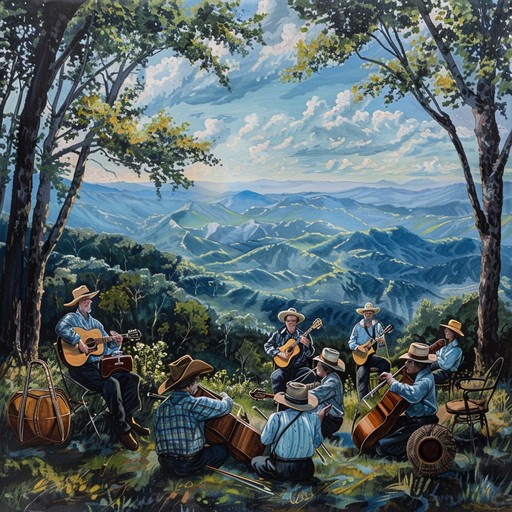 A fast-paced, toe-tapping bluegrass instrumental that brings to mind images of a lively square dance in a rural appalachian hollow. The melody is carried by a virtuosic fiddle, with support from a banjo, mandolin, and acoustic guitar. The tune features complex, rapid-fire passages and call-and-response interplay between the instruments, creating an exhilarating and joyful atmosphere