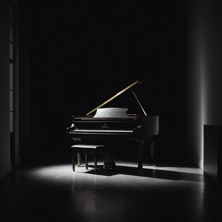 A vintage lounge during the quiet hours of the night inspires a pianist to play softly, the keys reflecting the moonlight streaming through a nearby window. His music is a soliloquy, an internal dialogue that speaks of deep melancholy and the beauty of silent introspection.