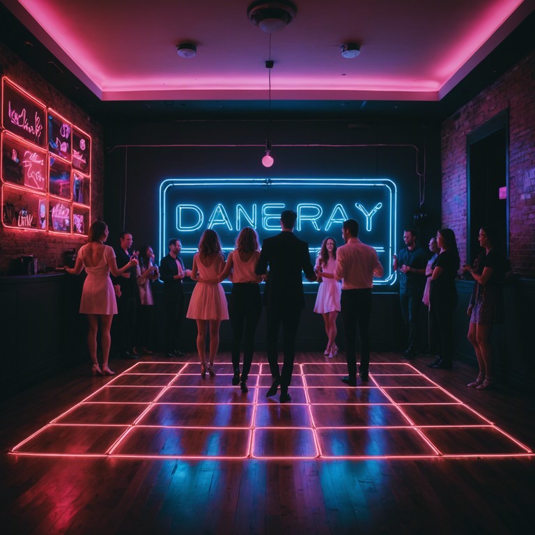 Imagine a cheerful gathering in a bustling cityscape under glowing neon signs, where the blend of snappy new jack swing beats and melodic undertones brings everyone together in a harmonious celebration of the past meeting the present.