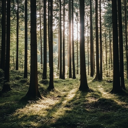 In the serene sanctuary of an ancient verdant forest, a single acoustic guitar captures the mystical whispers of nature, embodying the tranquil spirit and profound stillness of the woods.