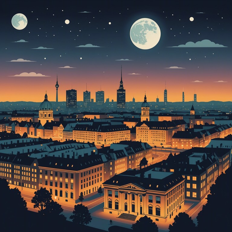 A deeper exploration into the serene atmosphere of a berlin night, enhanced by harmonious chords and a gentle accordion performing under a starlit sky, evoking a feeling of deep nostalgia and peaceful solitude.