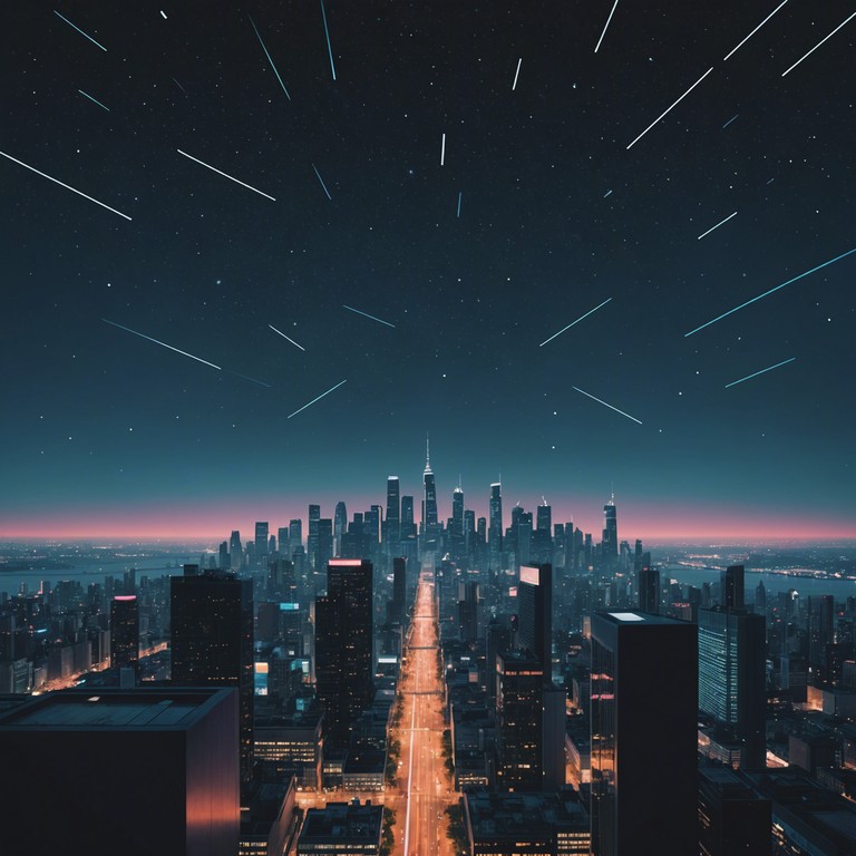 Imagine the night sky as a bustling city of lights where stars pulsate with the rhythm of deep bass and synthetic waves, emulating the forward moving energy of rap with a futuristic twist. The track moves from contemplative moments of solitude in the cosmos to the bustling neon lit pathways of interstellar travel.