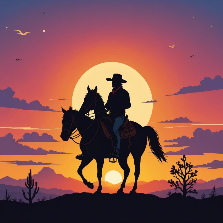 This instrumental track features a lively blend of traditional western musical elements, evoking the spirited energy of a sunset ride through the vast expanses of the american frontier. The composition centers around vivid acoustic strings, bringing to life the sense of freedom and adventure inherent to the western genre.