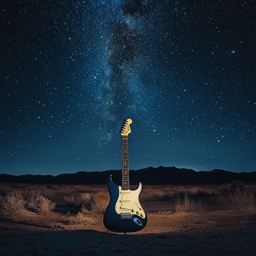 Alternative description where the electric guitar takes on a softer, haunting quality, playing gently amidst the backdrop of a sun setting over a desert, evoking deep introspection and a sense of solitude.