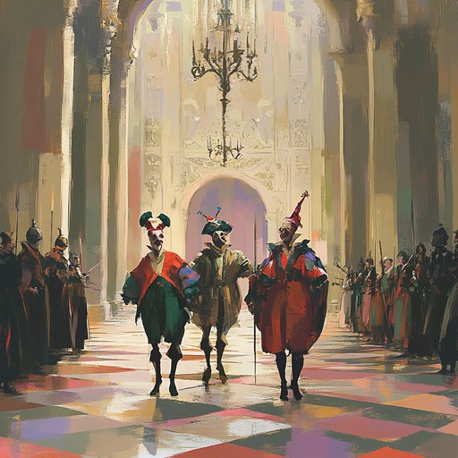 An energetic instrumental composition that combines playful melodies with grand and majestic themes, painting a musical picture of a whimsical royal parade.