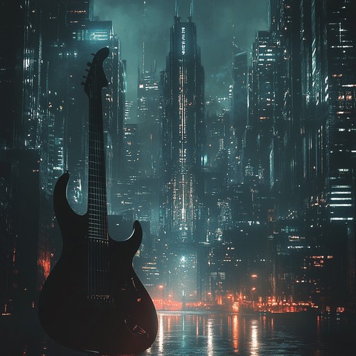 An instrumental industrial rock piece featuring heavy guitar riffs, pounding drums, and synthesized industrial sounds, evoking a futuristic landscape dominated by towering metal structures.