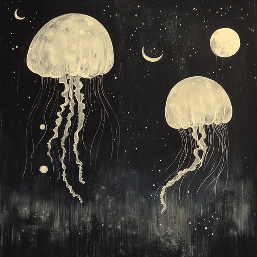 An instrumental track that evokes the ethereal movement of jellyfish floating gracefully through the night sky, blending whimsical melodies with unusual harmonies to create a surreal and enchanting soundscape.