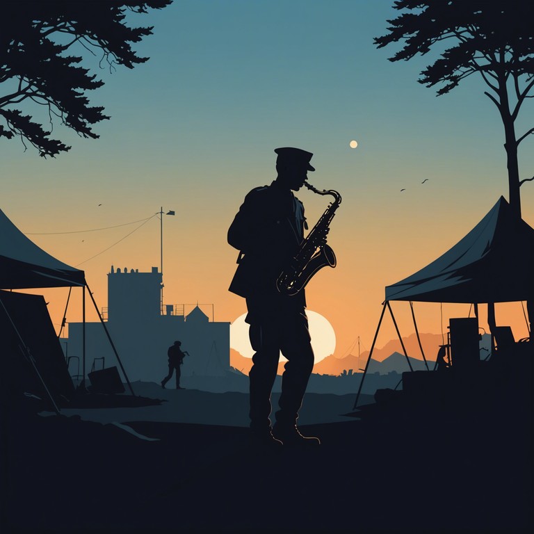 An evocative track blending the smooth, sultry vibrations of a saxophone with the structured beats of military music, creating an immersive sound that conveys a narrative of longing and courage within the confines of duty.