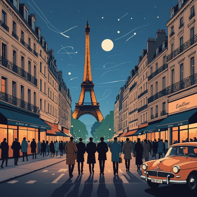 A serene flight over the rooftops, with saxophone notes drawing echoes of laughter and the distant chatter of a lively city. The music embodies the joy and unpredictability of a dreamlike paris stroll, complete with the spirit of jazz and a touch of parisian flair.