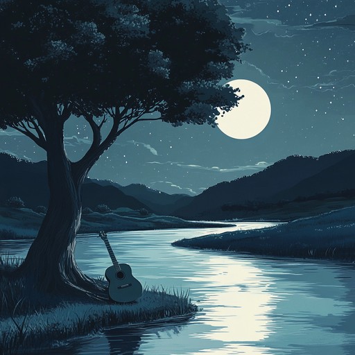 A soothing blues piece capturing the serenity of a moonlit riverbank with gentle guitar melodies flowing like water, evoking tranquility and reflection.