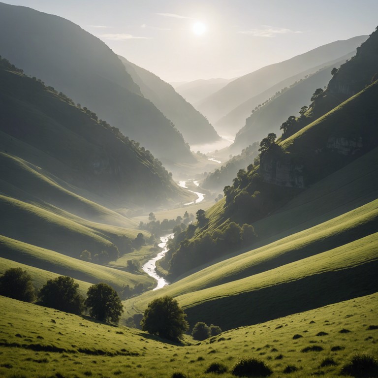 A gentle composition that encapsulates the serene whisper of the breeze across a verdant valley, evoking a sense of peace and connection with nature.