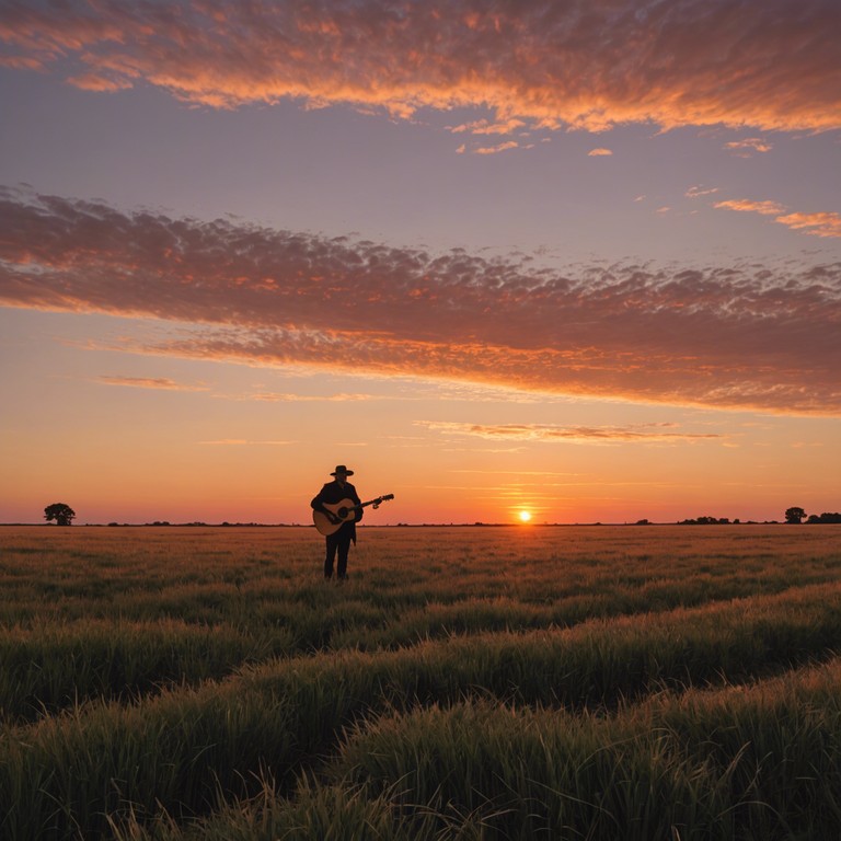 A tender composition reflecting the tranquil beauty of the american prairie at sunset, with soft guitar strums that bring to mind wide open spaces and gentle breezes. The song aims to capture the essence of quiet moments in nature, providing a soothing auditory escape with its delicate strumming and airy pauses.