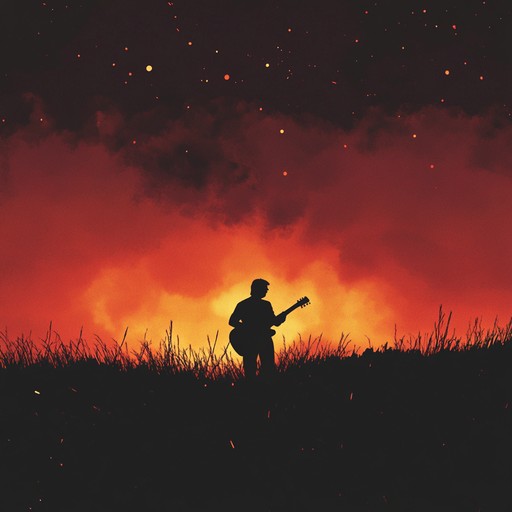 An instrumental soft rock piece that builds tension through melancholic guitar melodies and atmospheric synths, capturing the dramatic transition as glowing embers fade into the darkness of night.