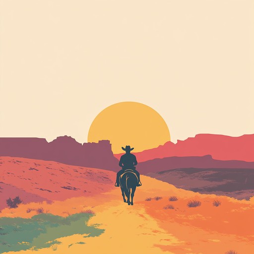 An evocative blend of serene acoustic guitar and graceful strings creating a nostalgic melody that captures the tranquility of a lonesome cowboy’s evening under a vast, open sky. The music softly portrays the contrasting colors of the setting sun, inviting emotions of reflective nostalgia and peaceful solitude