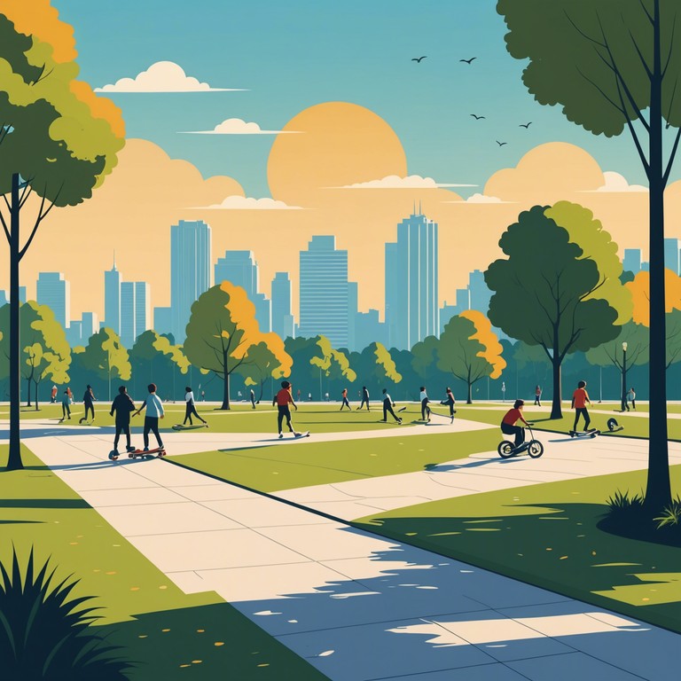 Imagine a bustling city park under the brilliant sun, filled with skateboarders and street musicians. The music captures the essence of youth and rebellion, yet retains a carefree and optimistic undertone.