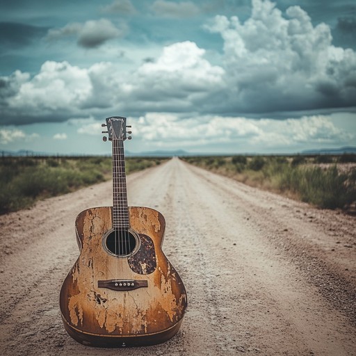 A solitary acoustic guitar weaves a tapestry of anxiety and americana, as it strums haunting melodies against a backdrop of dusty, deserted highways. Echoes of isolation and whispers of forgotten towns create an ambiance of unease and restlessness. The piece captures the essence of a lone traveler navigating through the vast, empty expanses, searching for solace yet haunted by the past.