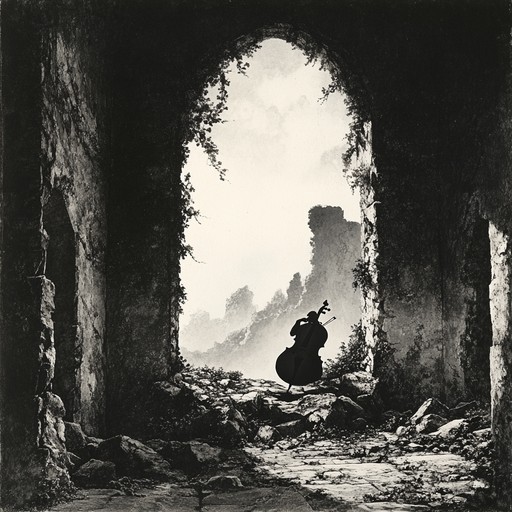 In a forgotten citadel, an ancient cello reverberates deep, melodious tones, summoning stories of lost times. Engraved with unidentified symbols, the instrument projects a spell binding sound across the desolate, stone clad landscape. Drawing from a wealth of historical intrigue, the notes paint auditory shadows of what might have been in this mystical realm. Each lingering chord tells a tale, from devastating battles to secretive romances hidden within crumbling walls.