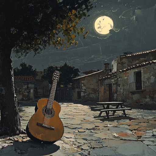 Delicate fingerpicking on classical guitar with lush reverb, evoking the quiet introspection of a warm, moonlit spanish evening. Soft melodies intertwine with rhythmic strumming, transporting the listener to a peaceful village square where memories and thoughts flow freely.