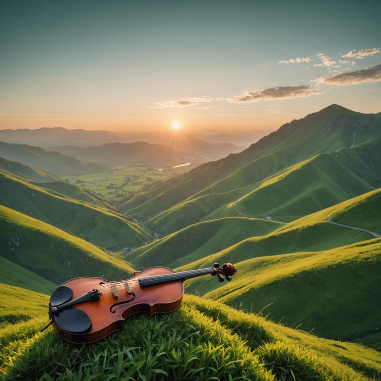 Follow a captivating fiddle tune that leads you through lush greenery and ascending peaks, echoing the vibrating strings of energy and life abundant in the forest at dawn.