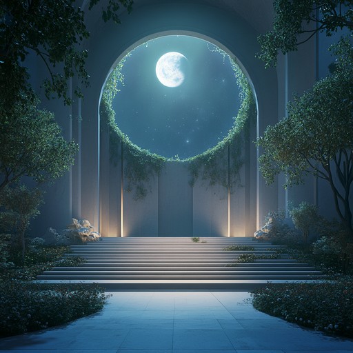 Visualize a serene theater piece set in a celestial garden; peaceful harmonics and gentle harp sounds imbue the scene, creating an ambiance of calm and introspection, perfect for relaxing moments or meditative states