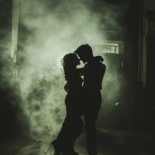 Dive into a dark, mysterious tango laden with suspenseful tension, where every note from the bandoneón intensifies the air of lingering mystery and fleeting passion. The scene is set in a dimly lit, smoke filled room where each step is calculated and every glance is filled with hidden meanings.