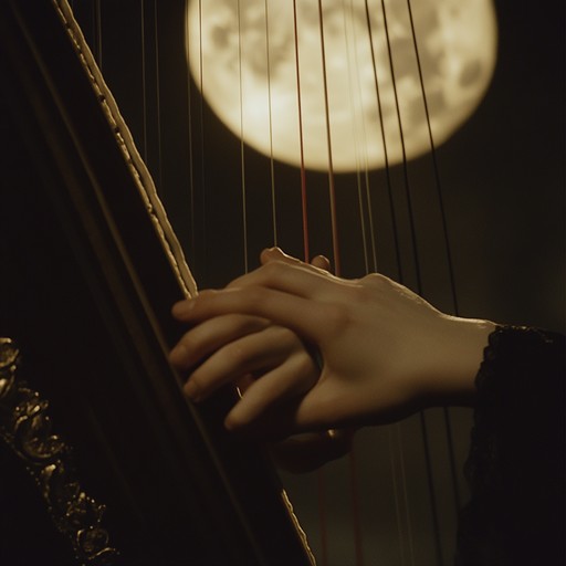 An orchestration depicting lovers' embrace under the moon's soft glow, where the harp's strings echo the heartbeats of a shared destiny.