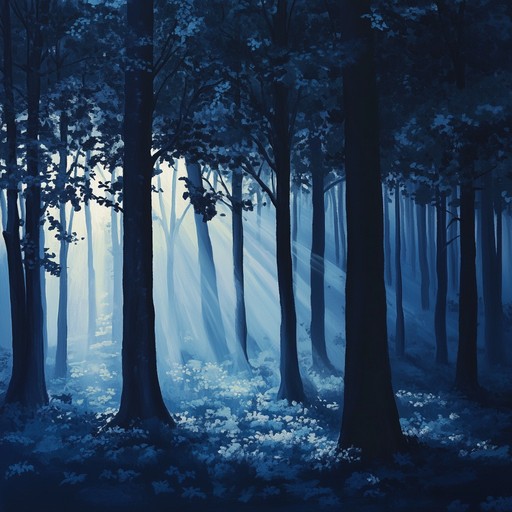 Explore a serene yet eerie landscape where cheerful sunlight pierces through the dense foliage of a twilight forest, blending seamlessly with shadows and creating a harmonious ambiance of light and dark.