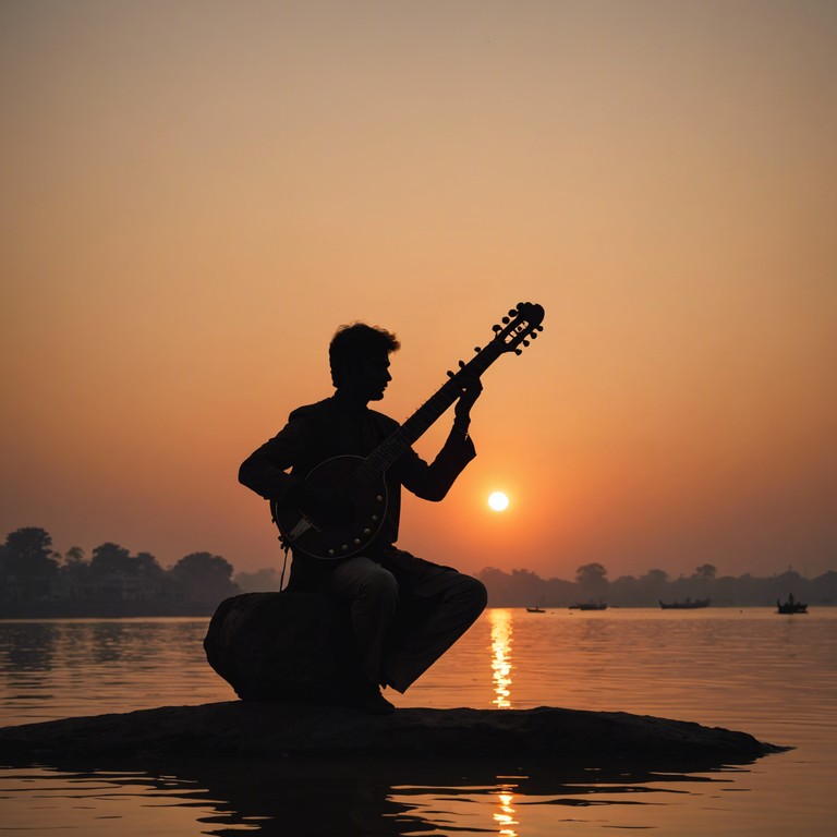 A deep, meditative composition that captures the profound mood of a serene yet somber evening along the ancient ganges river. This track blends the haunting tones of the sitar with the rhythmic echoes of distant temple bells, creating a soundscape that is both reflective and poignant.