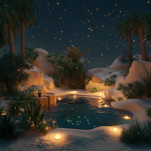 An ethereal journey through a serene desert oasis with flowing oud melodies creating a peaceful and dreamlike atmosphere, reminiscent of mystical tales under a starry night.