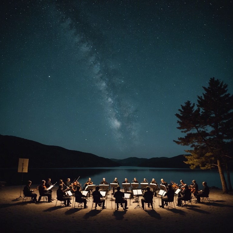 An orchestral masterpiece intended to evoke the peaceful grandeur of a star filled night, with violins leading a gentle, moving melody that fills the listener with a sense of calm and majesty.