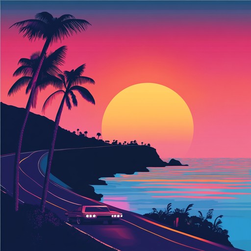 An instrumental chillwave song featuring energetic synth melodies over driving retro beats, evoking feelings of nostalgia and excitement during a sunset drive along the coast.