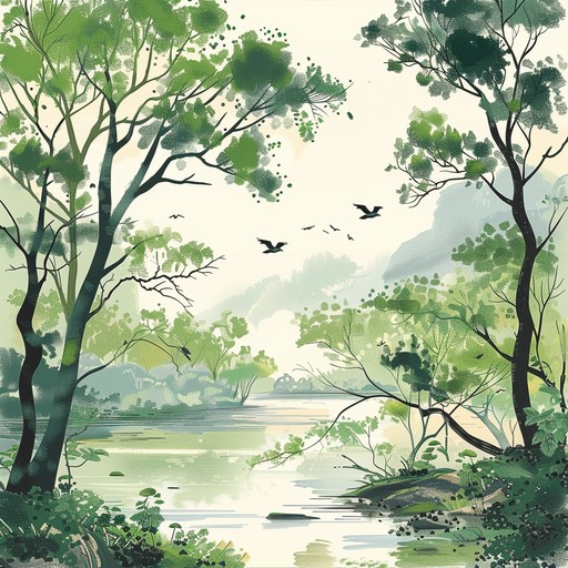 Experience a tranquil connection with nature through a gentle folk melody inspired by the serene and calming embrace of a forest river, softly flowing and echoing with ancient beauty and harmony.