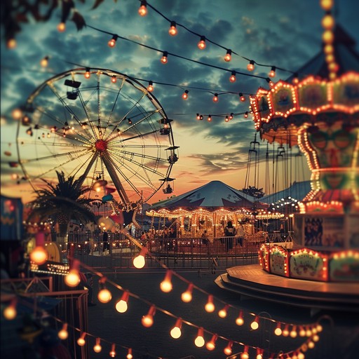 This composition evokes the serene and enchanting atmosphere of a mystical carnival through soothing and whimsical melodies. The sound of a harp, accompanied by playful carnival effects, transports listeners to a world of twinkling lights and festive magic, creating a tranquil and delightful auditory experience.