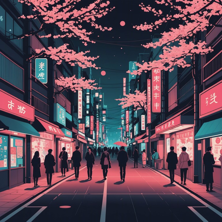 Imagine a scene where cherry blossoms gently fall over a tranquil tokyo street at night, illuminated by neon lights, with the koto's melodies echoing softly in the background.