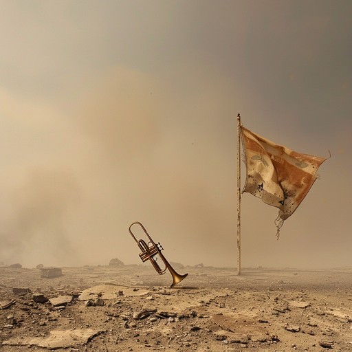 A lone trumpet plays a haunting melody, expressing the somber reflection of a soldier standing among the remnants of battle. The echoes reflect the sacrifice, courage, and solitary patriotism felt in the silent aftermath