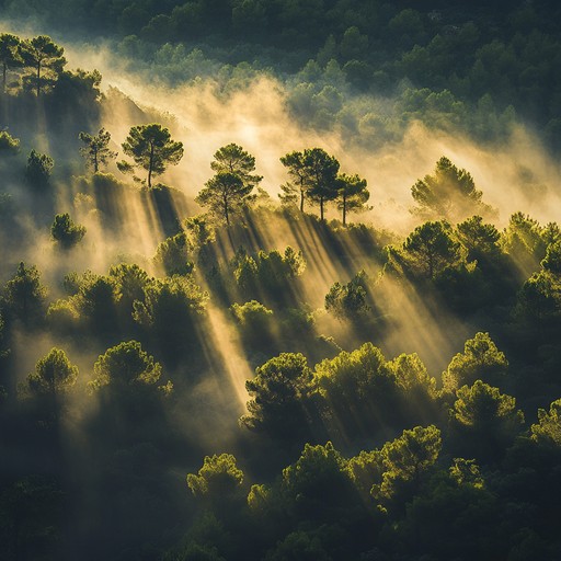 A sweeping orchestral composition that captures the mystical and timeless essence of an ancient forest, with layers of strings and winds echoing the whispers of the trees and wildlife, creating a soundscape that transports the listener to a world where nature speaks in melodious tones