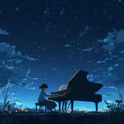 Gentle piano notes merge with a soothing orchestral backdrop, portraying an intimate and emotional scene in a calm anime setting under the stars, filled with heartfelt depth and a touch of nostalgia.