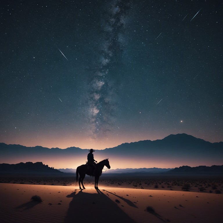 A deeply moving instrumental capturing the essence of the vast, open western landscapes, where the gentle strumming of a solitary guitar echoes under a clear, starlit sky. This composition taps into the soulful and melancholic spirit of western adventures, bringing forth images of rugged terrains and timeless journeys.